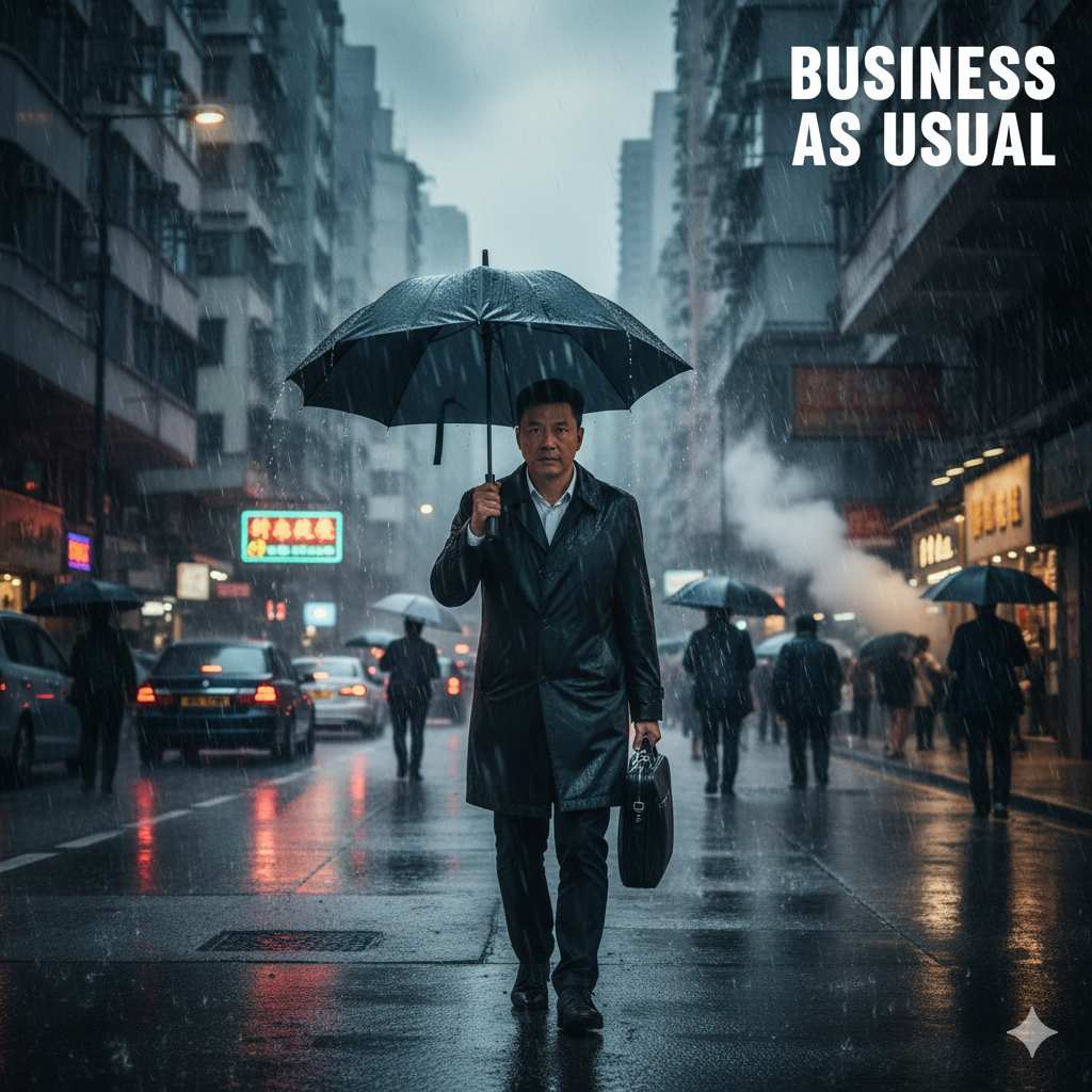 男子在雨中撐傘