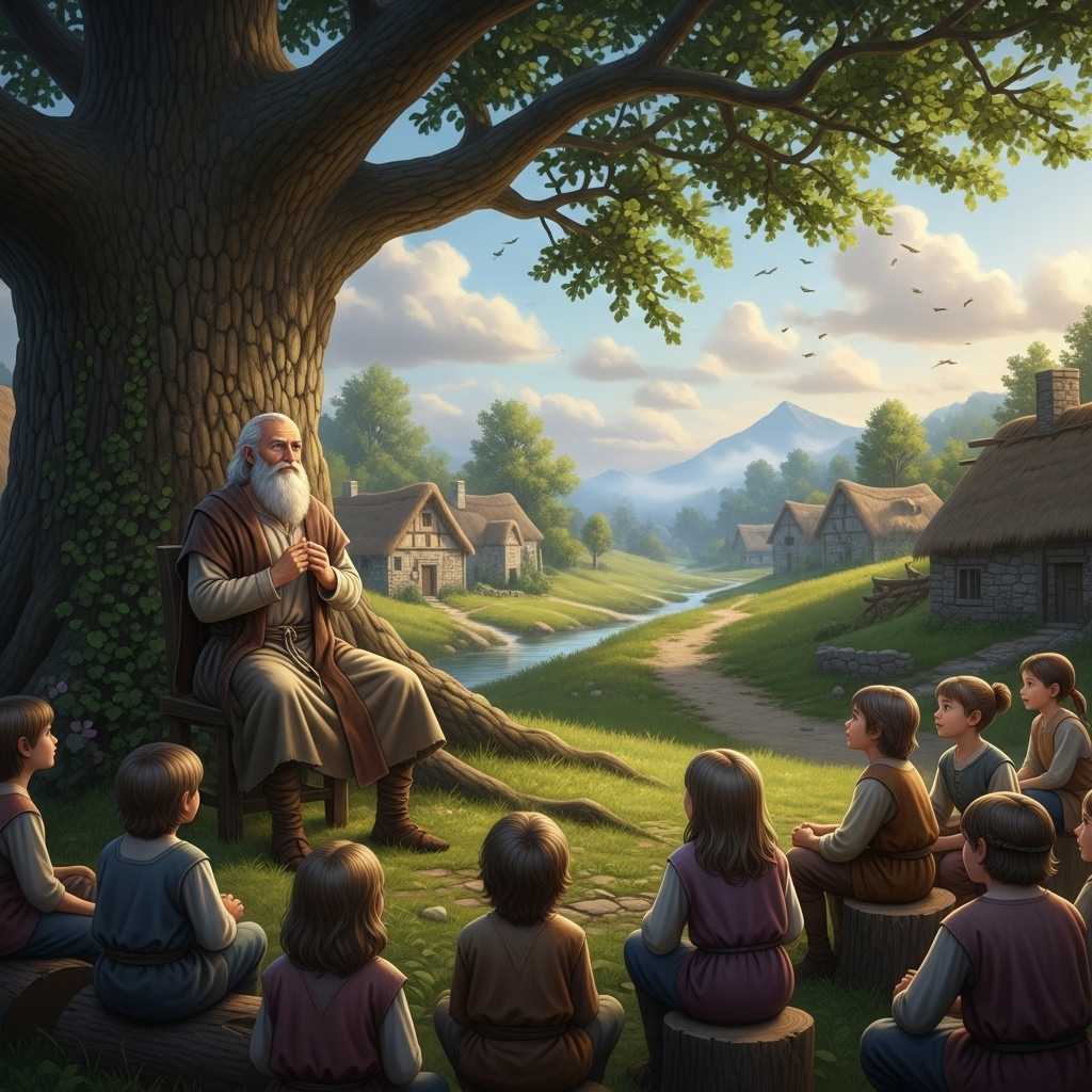 智者在村莊裡對孩子們講故事
