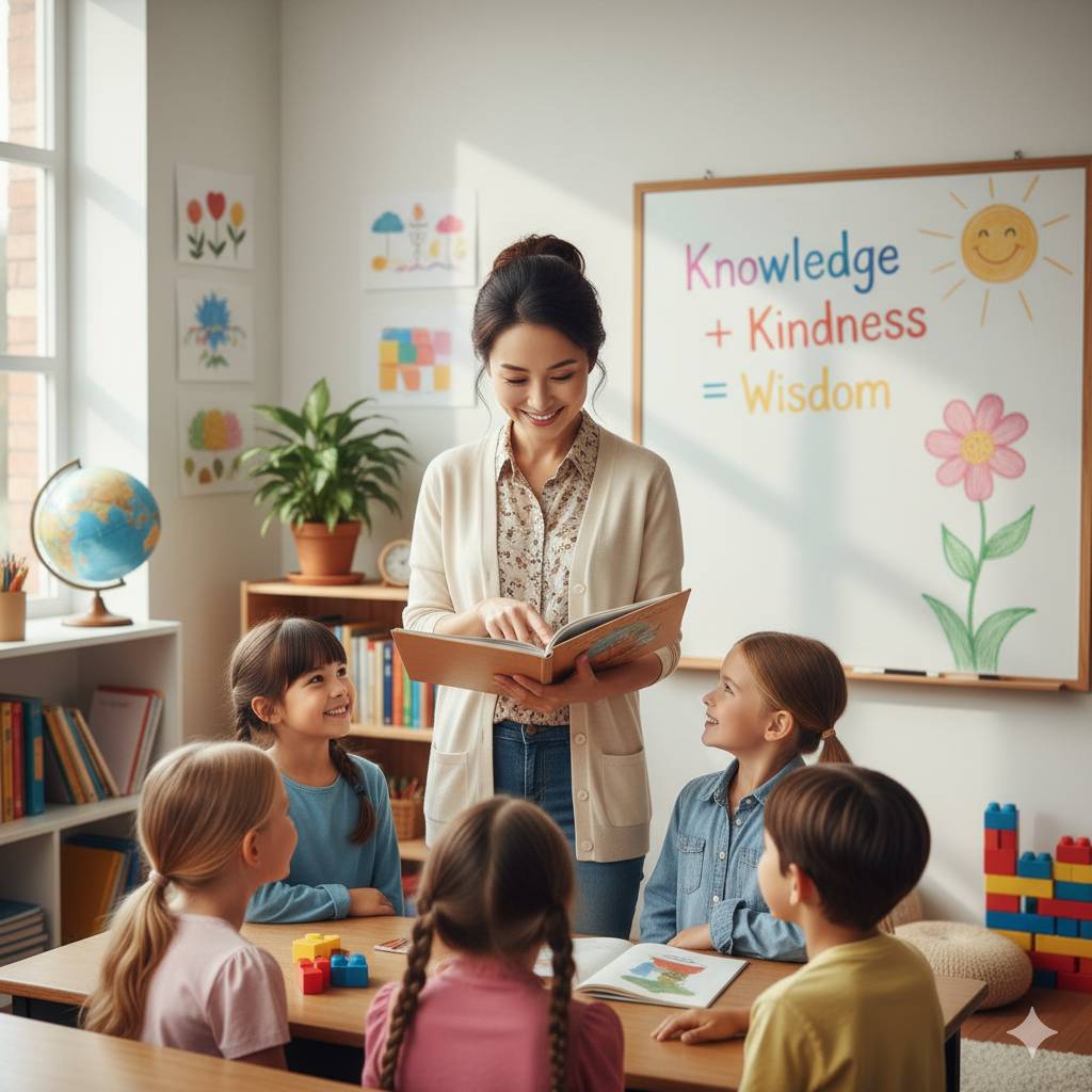 老師在明亮的教室裡教導孩子們